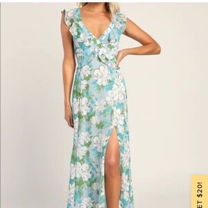 Lulu's Light Blue Floral Maxi Skirt with Side Slit